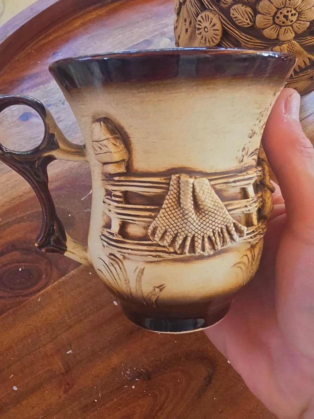 Handcrafted Beige and Brown Ceramic Pitcher with Matching Mugs Cottagecore